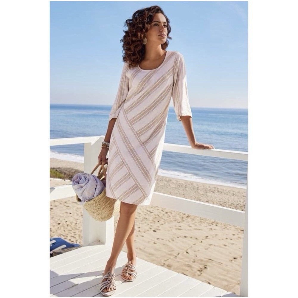 Soft Surroundings Equinox Linen Blend Dress‎ Size XS Beige Neutral Striped NEW